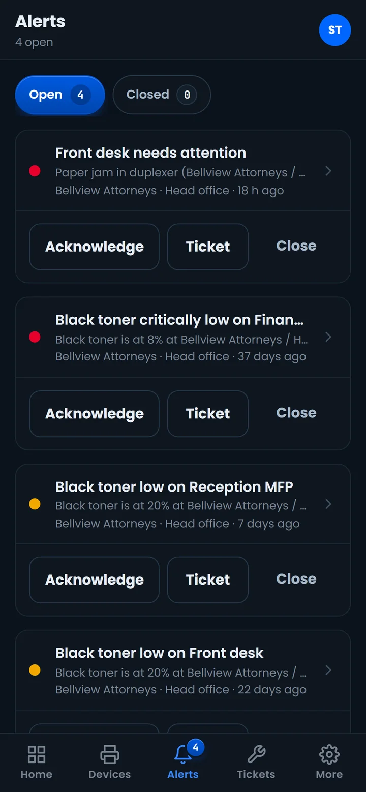 The alerts screen on the phone app: four open alerts, each with Acknowledge, Ticket and Close buttons.