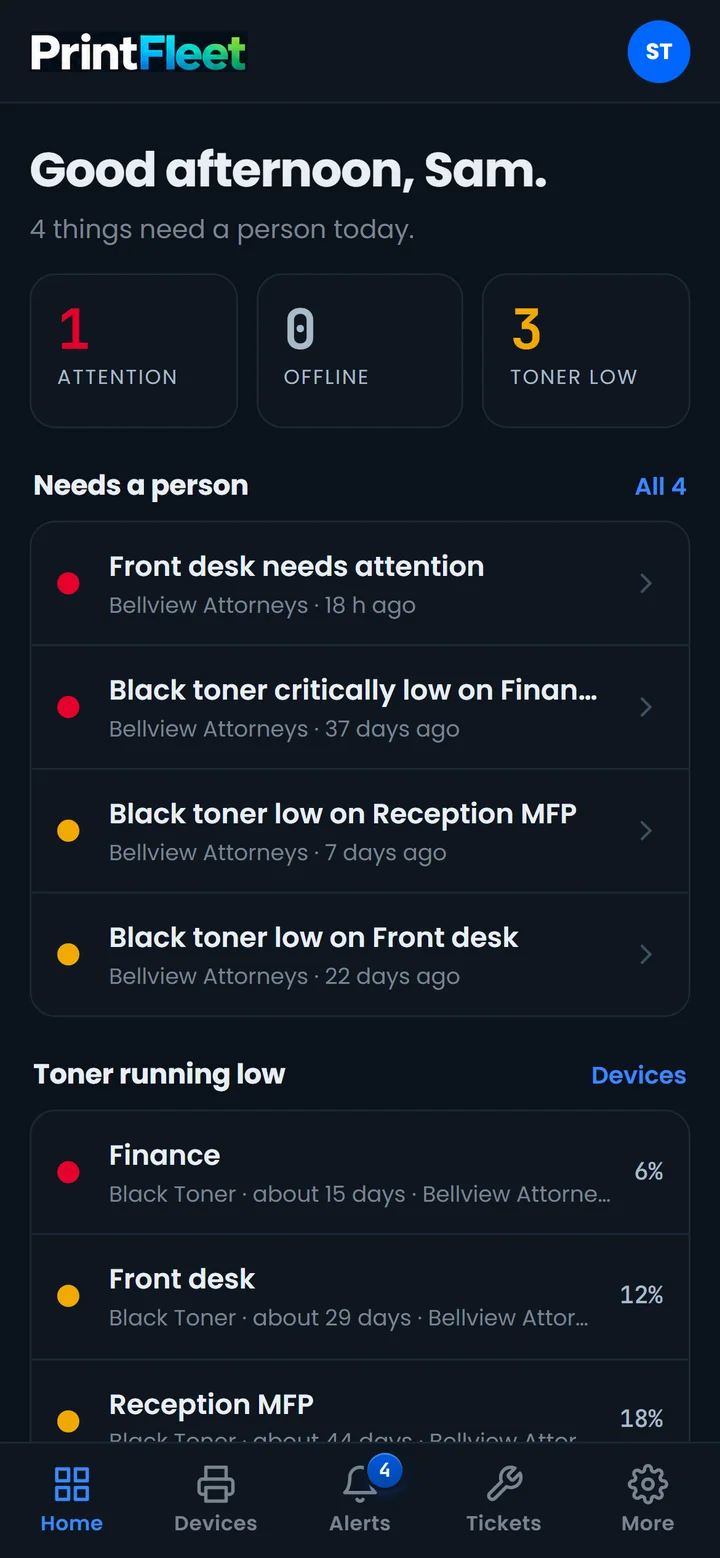 The PrintFleet phone app home screen: four things need a person today, one attention, three toner low, and a list of printers running low on toner.